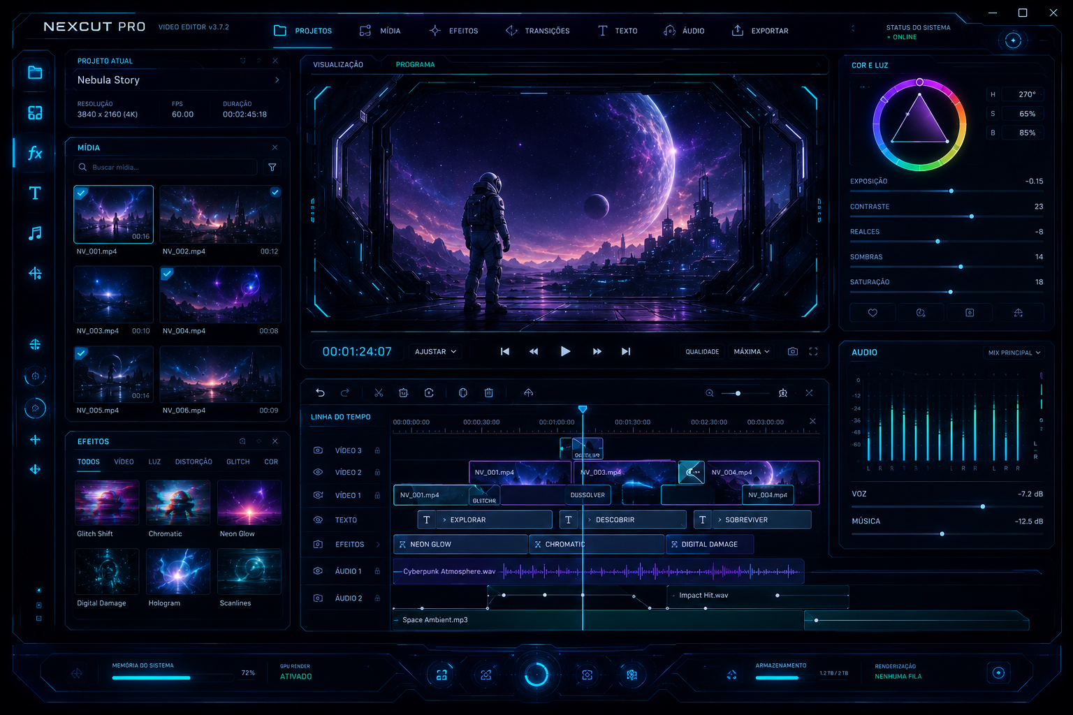 Editor de vídeo sci-fi ui,com interface holográfica neon e timeline futurista.